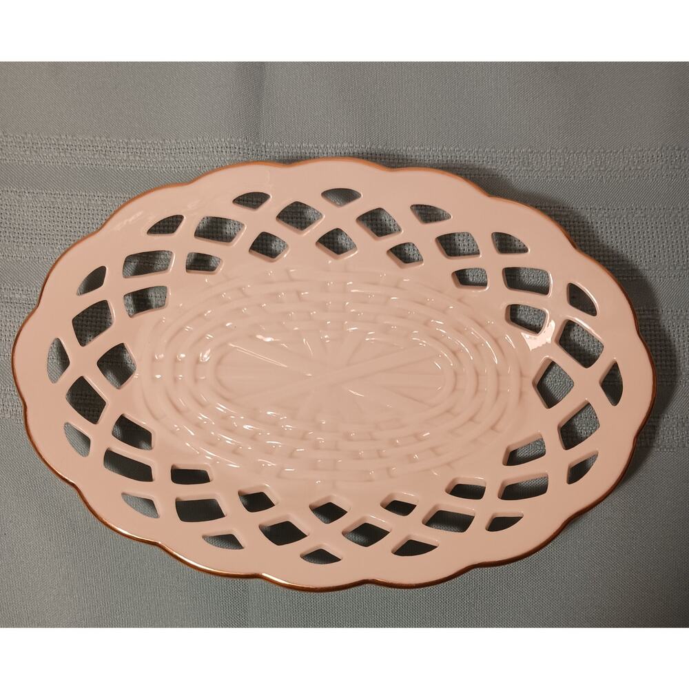 Lenox 80s Wicker Ceramic Oval Dish Lattice style Reticulated 9 in Gold trim EUC